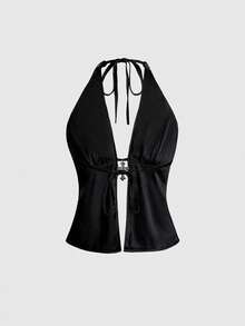 ROMWE Grunge Punk Punk Rock Diva Festival Outfit, Halter Neck Sexy Sequin Cross Pendant 2 Pieces Set For New Year Party, Millennium Y2K - Black - View 8