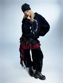 Sugerpunk 2025 朋克风格 PU 皮革圆头中筒靴，厚底，系带，马靴，超高筒靴，秋季/春季 - 黑色 - 查看 8