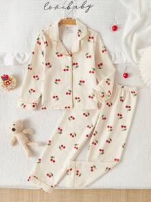 4-Piece Girls Cherry Print Striped Cardigan & Pants Casual Loungewear Set, Apricot & Light Yellow, Suitable For All Seasons