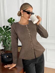 Serisse Casual Solid Color Crew Neck Cardigan, Long Sleeve Winter,Fall,Fall Clothes For Women