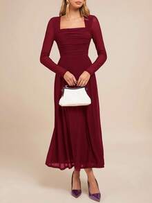 Amorya Damen elegantes A-Linien-Kleid mit quadratischem Ausschnitt und Langarm, Lila, geeignet für Partys, Herbst/Winter - Bordeaux - Übersicht 7