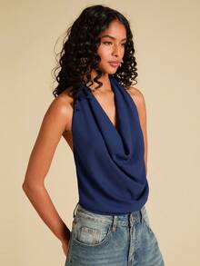 Travachic Blusa de mujer con escote en V profundo, espalda descubierta y cuello halter, de unicolor, elegante para Navidad, Año Nuevo, Acción de Gracias, invierno, graduación, baile de graduación y eventos de lujo por la noche - Azul Marino - Ver 6