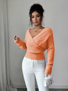 SHEIN Elenzya 女士休闲日常通勤简约纯色V领露背宽下摆毛衣，秋冬款 - 橘色 - 查看 4