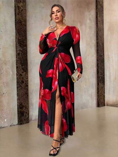 Roveilla Vestido elegante de manga larga con cuello en V, estampado floral, cintura con efecto twist y bajo con abertura para mujeres de talla grande, para Año Nuevo