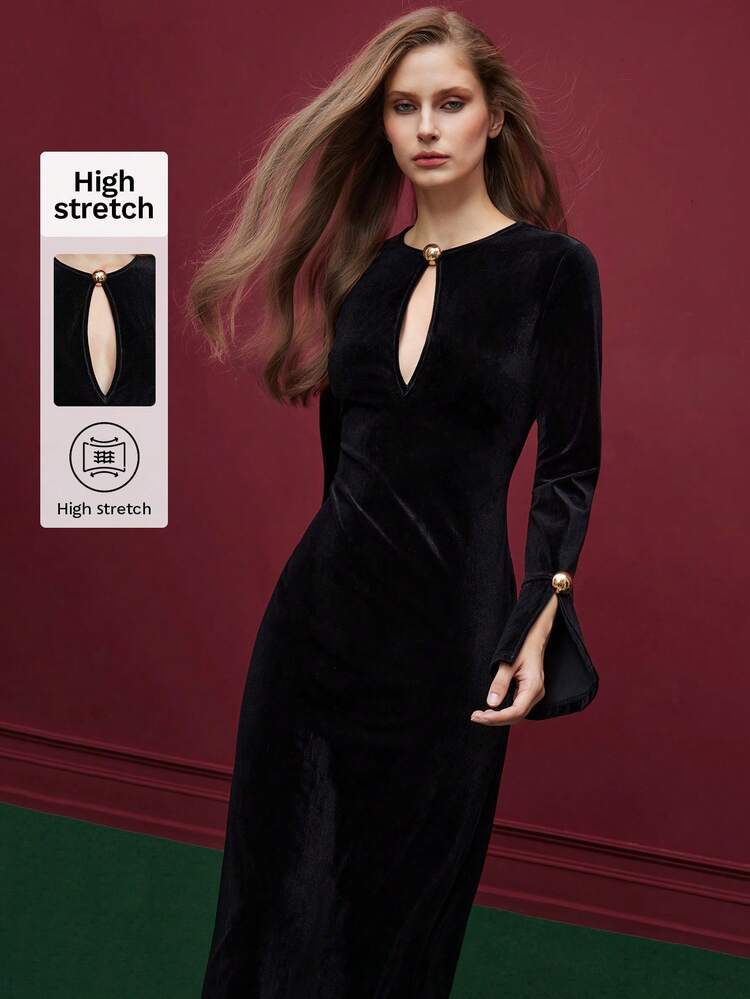 SHEIN Maija Women's Elegant Solid Velvet Mid-Length Dress, Featuring Hollow Neckline And Open Sleeve Details, Fitted Waist Design Flatters Feminine Curves. Soft Velvet Fabric Adds A Luxurious Sheen, Suitable For Autumn Dates, Parties, Weddings, New Year Gatherings, Exuding Sexy And Elegant Charm. Ideal For Various Formal And Fashionable Social Occasions, A Premium Choice For Women Pursuing Refined Outfits. Women Easter Summer Outfits Easter Dress Women Party Top Beach Dress Summer Holiday Outfits Each Vacation Outfits For Women  Summer Outfit For Women Going Out Outfits Graduation Graduation Outfit  Casual Dresses  Casual Blouses For Women