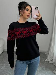 Elenzga 女士休闲圆领蝴蝶结套头毛衣，秋冬季 - 黑色 - 查看 3