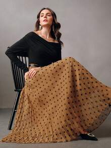 Anewsta Elegant New Polka Dot A-Line Pleated High Waist Zipper Belt Skirt, Apricot Color, Suitable For Going Out, Autumn/Winter - Apricot - View 2