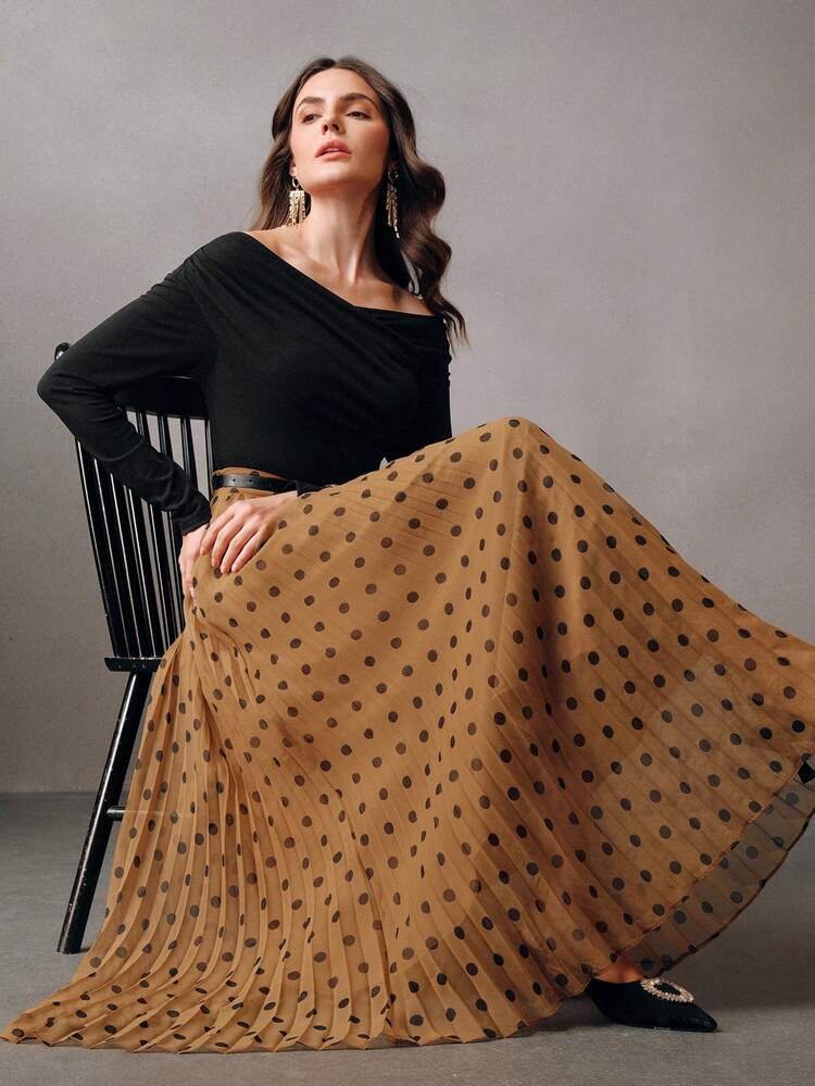 Elegant New Polka Dot A-Line Pleated High Waist Zipper Belt Skirt, Apricot Color, Suitable For Going Out, Autumn/Winter