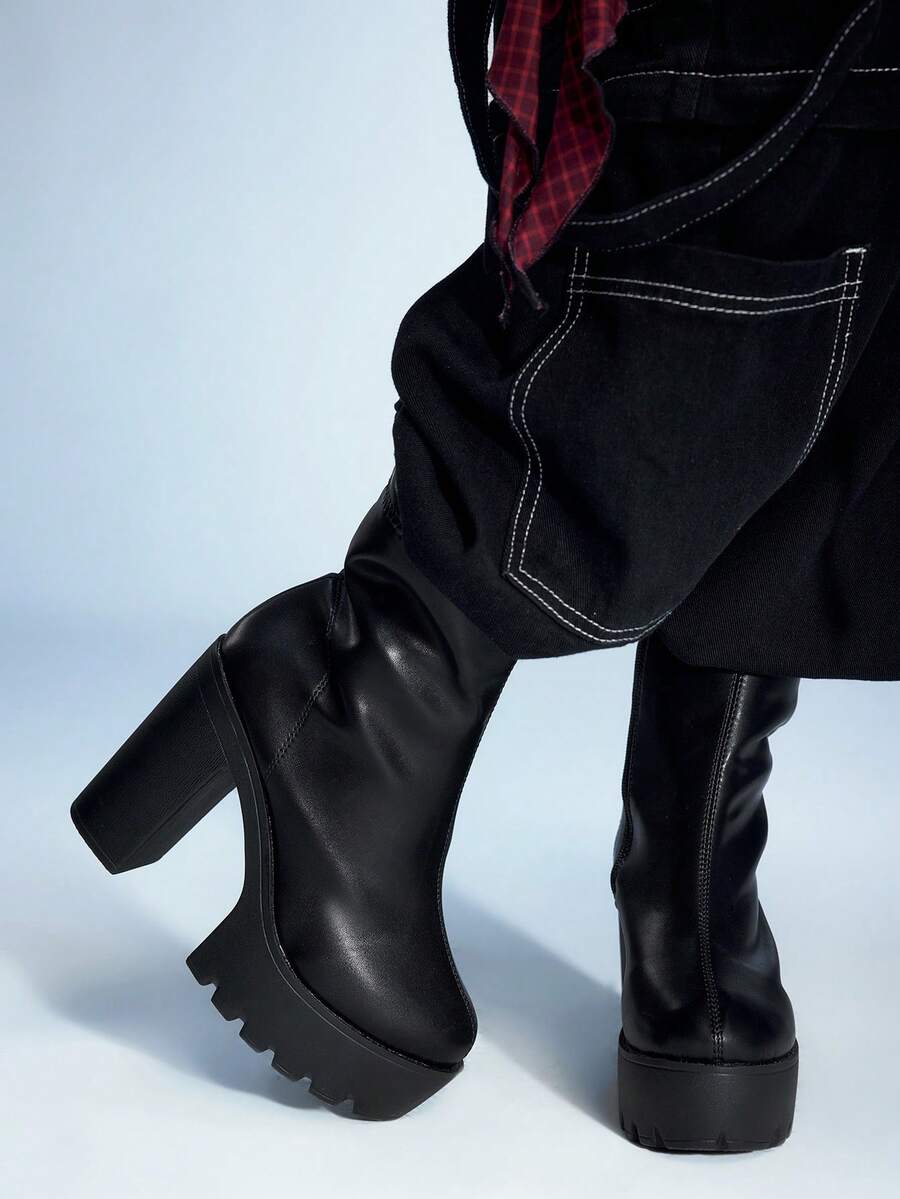 Sugerpunk Women's Black Formal Work Shoes Lace-Up Chunky Heel Goth Boots, Side Zipper Punk Rock Motorcycle Boots, Low Heel Party Dress Shoes, Ankle Boots And Short Boots For Christmas - Black - View 1