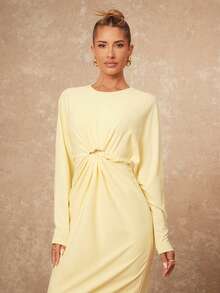 Lumalex VITNOS Damen blassgelbes elegantes Herbst Tee-Party Maxikleid, Puffärmel, gefaltete Taille, langes Hochzeitsgastkleid mit Metallknöpfen, Old Money Stil - Hellgelb - Übersicht 7