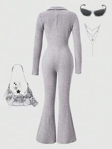 Sparklyn Tween Girl Grey Ribbed Knit Long Sleeve Jumpsuit - Grey - View 2