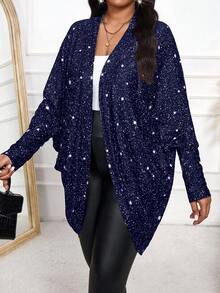 SHEIN Lady CURVE New Spring, Summer, Autumn And Winter Navy Blue Knitted Diamond Fabric Loose Slim Long Sleeve Plus Size Jacket  New Year Clothes Christmas Party Thanksgiving Stylish Clothing Collection - Navy Blue - View 7