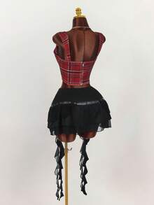 Y2K Amplova Plus Size Women Plaid Sleeveless Casual Blouse/Christmas Criss Cross Top Red Checkered Top Red Plaid Top Plaid Two Piece Set Scarf Top