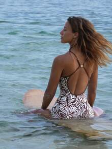 Swim SPRTY Women Summer Brown Polka Floral Print One-Piece Swimsuit,Backless Design Monokini,Suitable For Beach,Holiday,Vacation,Holiday,Casual Sports Swimwear - Multicolor - View 5