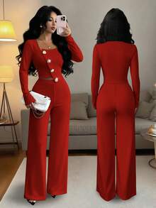 Elenzga Women's Elegant Office Commute Afternoon Tea Party Asymmetric Hem Long Sleeve Blazer Jacket And Elastic Waist Pants 2 Pieces Suit Set, Autumn/Winter - Red - View 8
