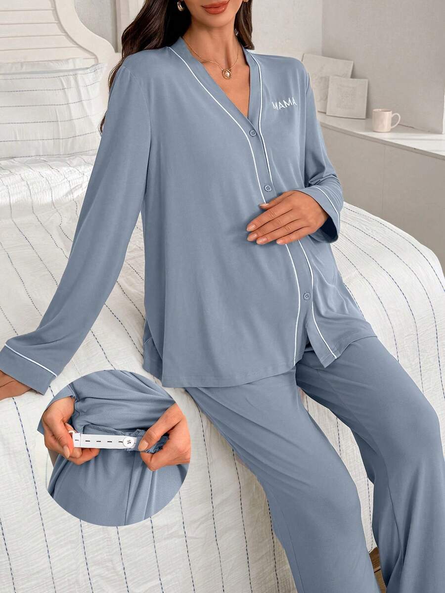 Moonlight&Mama Maternity Contrast Trim V-Neck Letter Embroidery Long Sleeve Top & Pants Lounge Set Sleepwear Pajama Set Sleepwear Women 2 Pieces Set, Fall & Winter - Blue - View 1