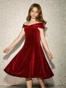 Tween Girl Elegant Burgundy Velvet Sequin Off-Shoulder Ruched Slim Fit Dress - Burgundy - View 4