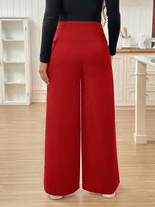 SHEIN 孕妇休闲纯色可调节腰围裤 - 紅色 - 查看 2
