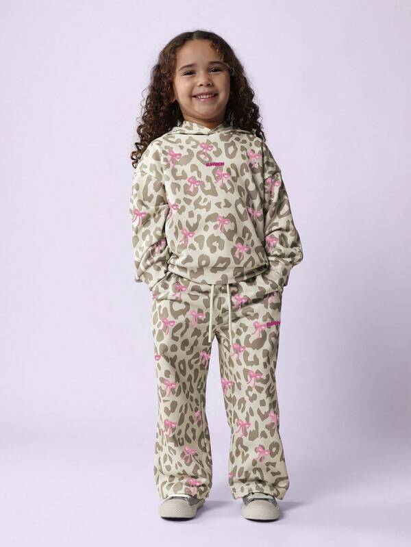 SUMWON Girls Leopard Print Hoodie Sweatshirt Jogger Set With Pink Bows Cozy Lounge Casual Winter Fall Outfit Matching Two Piece Tracksuit Loungewear