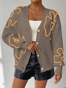 SHEIN Unity Women's Casual Floral Pattern Front Button Dropped Shoulder Cardigan, Autumn/Winter - Chocolate Brown - View 5