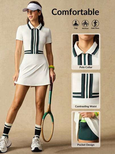 VARSITIE Women's Striped Zip-Front Short Sleeve Casual Sports Dress With Shorts