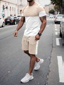 Manfinity Homme Men's Solid Color Patchwork Round Neck Short Sleeve Top And Shorts Set Men Casual Summer Outfit - Multicolor - View 1