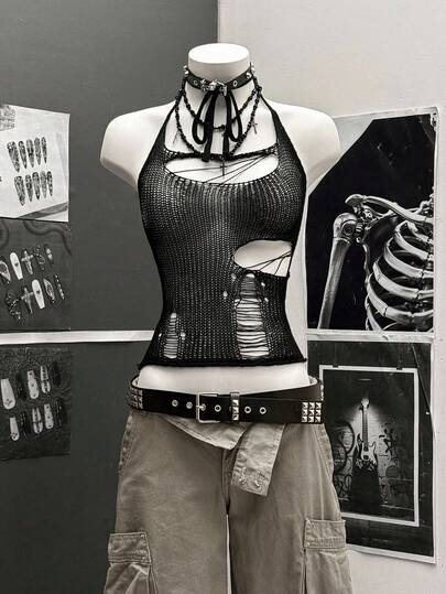 StreetHx Streetwear 女式纯黑色镂空钩针无袖针织上衣