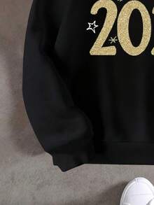 男童“Hello 2026”图案黑色长袖卫衣，适合节日庆祝、日常休闲穿着、新年等场合。 - 黑色 - 查看 4