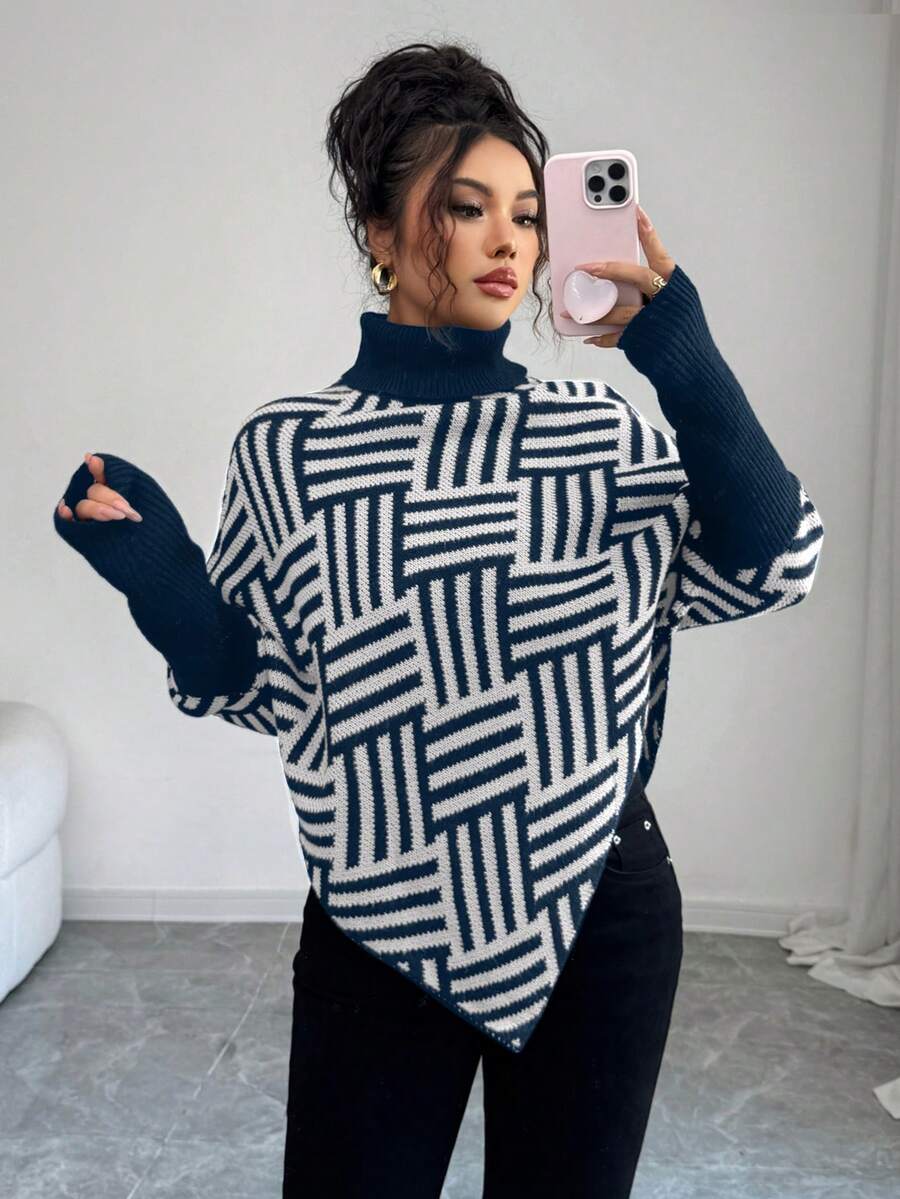Selianne Women's Navy Blue Knitwear Rib-Knit Asymmetrical Long Pullover Sweater - Navy Blue - View 1