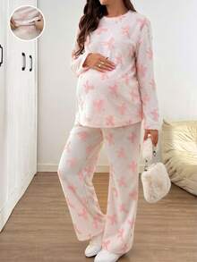 SHEIN Bộ 2 món áo trễ vai và quần nơ trang trí thường ngày cho bà bầu, Thu/Đông - Màu be - Xem 4