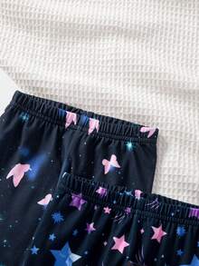 SHEIN 女婴可爱休闲百搭针织夜光图案松紧腰裤 - 黑色 - 查看 5
