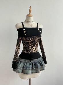 Elamini Blusa de manga larga con hombros descubiertos con estampado de leopardo, estilo Y2K para uso casual diario, con estampado de leopardo en contraste - Multicolor - Ver 8