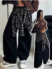 StreetHx Women's Casual Vacation Street Dance Style Patchwork Plaid Elastic Waist Straight Leg Jeans - Black - View 1