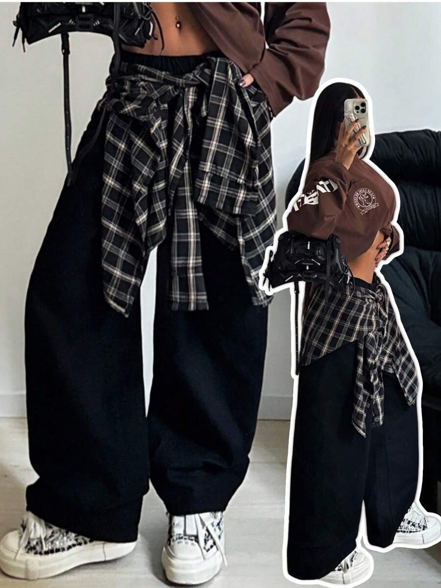 StreetHx Women's Casual Vacation Street Dance Style Patchwork Plaid Elastic Waist Straight Leg Jeans - Black - View 1