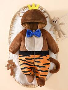 SHEIN Newborn Cute Monkey Design Plush Hooded Long Sleeve Jumpsuit, Winter - Brown - View 2