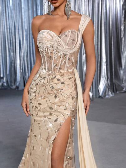 Glamrae 优雅奢华刺绣亮片蕾丝缎面拼接性感开衩鱼尾正式晚礼服，侧边垂褶设计，适合婚礼、派对、度假、舞会、正式场合（厚重面料）、情人节等场合。