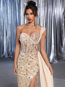 Glamrae Elegant Luxurious Embroidered Sequin Lace Satin Splice Slit Fishtail Formal & Evening Dress With Side Drape,Suitable For Weddings,Parties,Balls - Apricot - View 4