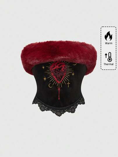 Gothic Heart Embroidery Faux Fur Collar Lace Trim Bustier Top