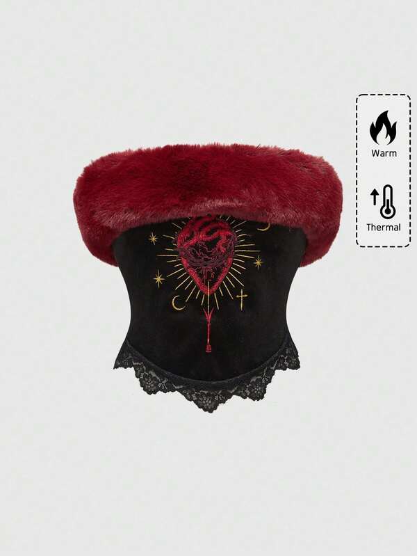 ROMWE Goth Gothic Heart Embroidery Faux Fur Collar Lace Trim Bustier Top