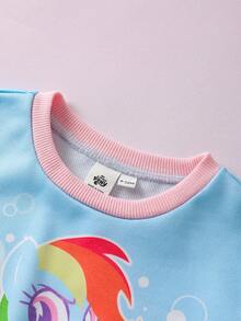 My Little Pony X SHEIN Baby Girl Cute Blue Cartoon Rainbow Striped Sweatshirt, Autumn/Winter - Blue - View 4