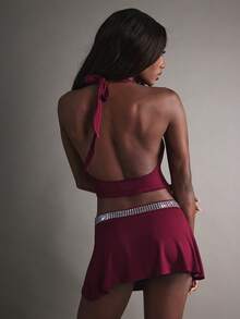Hauture Sexy Party Night Out Halter Backless Plunge Neck Top - Burgundy - View 4