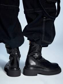 Sugerpunk Women's Round Toe Thick Sole Back Zipper PU Leather Elastic Ankle Boots, Retro Thick Sole Elastic Short Boots Boots, Skinny Boots - Black - View 3