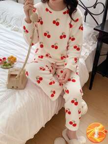 女孩舒适毛绒熊图案纯色睡衣套装，长裤和长袖上衣 - 彩色 - 查看 3