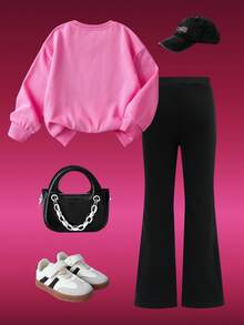 THE POWERPUFF GIRLS X SHEIN 2pcs/Set Young Girl Cute Cartoon Pattern Round Neck Drop Shoulder Long Sleeve Pink Sweatshirt And Black Flared Knit Casual Pants, Daily Wear - Pink - View 3