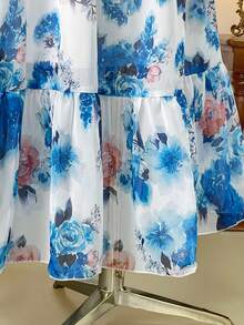 SHEIN Clasi Plus Size Women Rose Print V-Neck Long Sleeve Waist Cinched Flared Romantic Elegant Dress - Blue - View 8