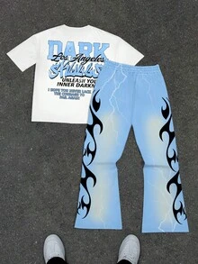 Manfinity ZONE917 Bộ 2 áo thun tay ngắn cổ tròn họa tiết chân dung và chữ cái thường ngày dành cho nam kèm quần ống loe, Bộ áo thun phong cách đường phố mùa hè kèm quần ống loe dành cho nam Y2K Bộ quần áo 2 món dành cho nam - Nhiều màu - Xem 2