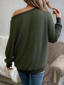 EMERY ROSE Casual Loose Oblique Shoulder Long Sleeve Striped Sweatshirt - Green - View 2