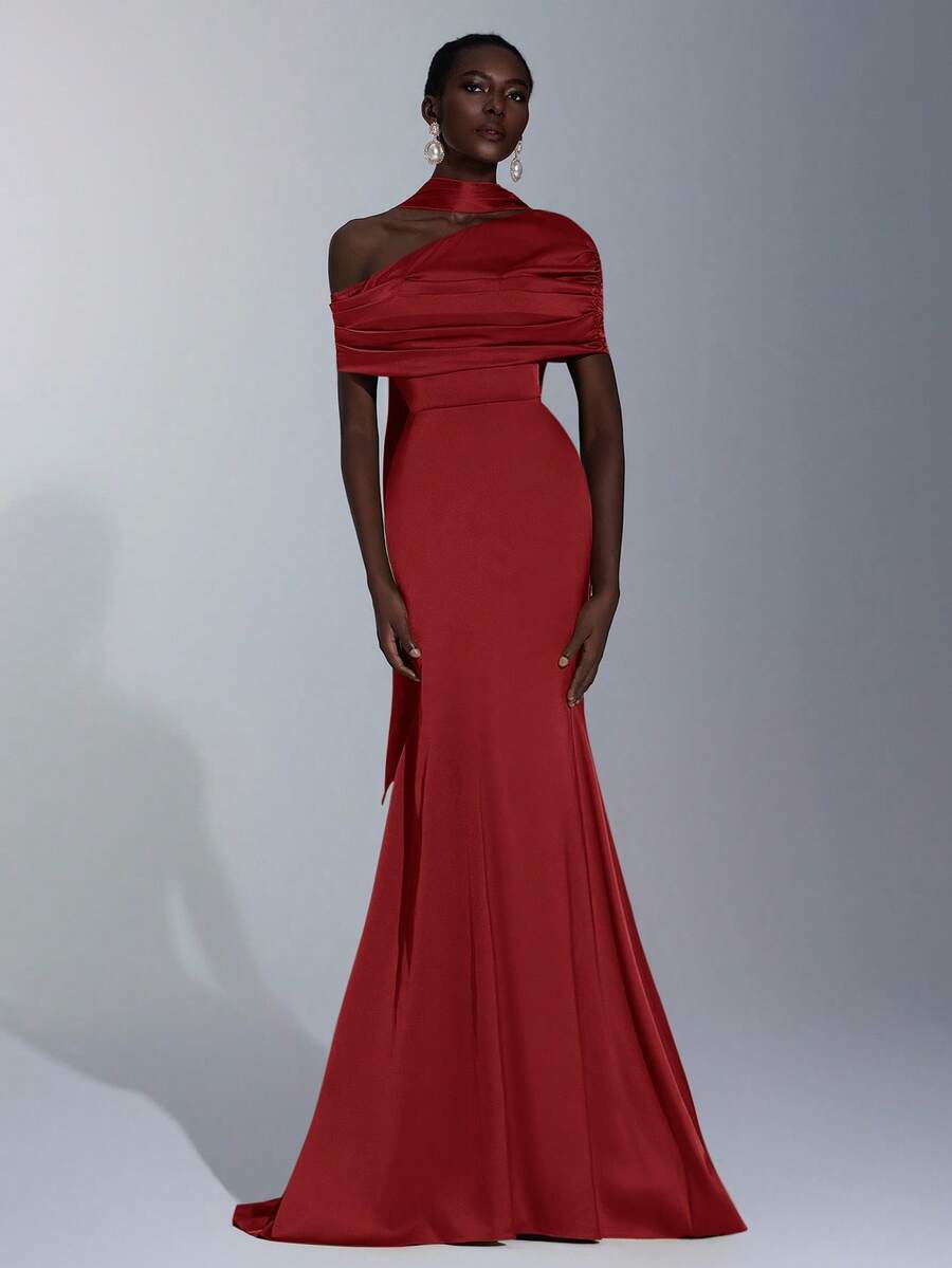 Elitara Elegant,Formal Burgundy Winter Bridesmaid Dress, Stretch Satin Fishtail Hem Trailing Fashionable Influencer Holiday Wedding Event - Red - View 1