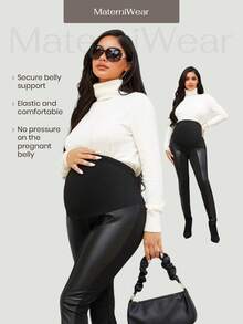 MaterniWear Maternity Solid Color Adjustable Waist PU Leather Leggings - Black - View 6