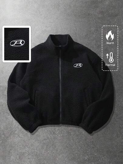 ROMWE MEN Casual Thermal Lined Long Sleeve Jacket With English Embroidery, Short Style, Suitable For Autumn/Winter